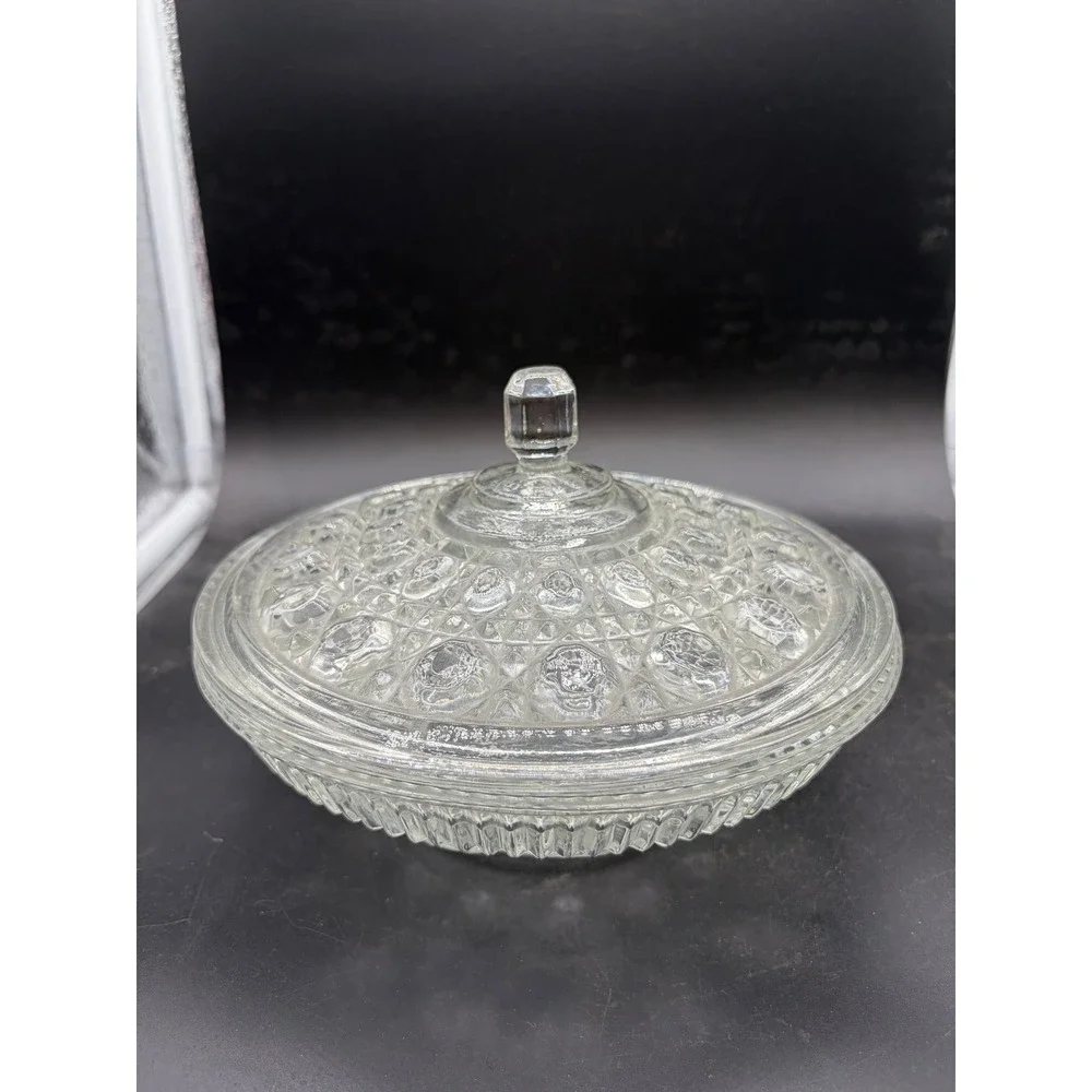 Vintage Clear Pressed Glass Thousand‎ Eye Candy Dish with Lid Round Compote